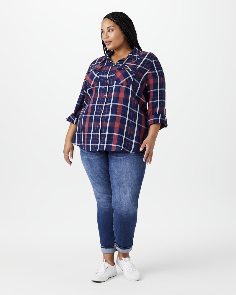 Plus size model with hourglass body shape wearing Mallory Plaid Button-Down by Molly&Isadora | Dia&Co | dia_product_style_image_id:144355